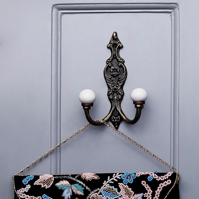 Indian Shelf Pack of 6 Heavy Duty Double Hooks for Hanging White Decorative Coat Hooks Double Prong Unique Coat Rack Wall Mount Ceramic Vintage Wall Hooks Towel Holder Backpack Purse Hanger- Style 6