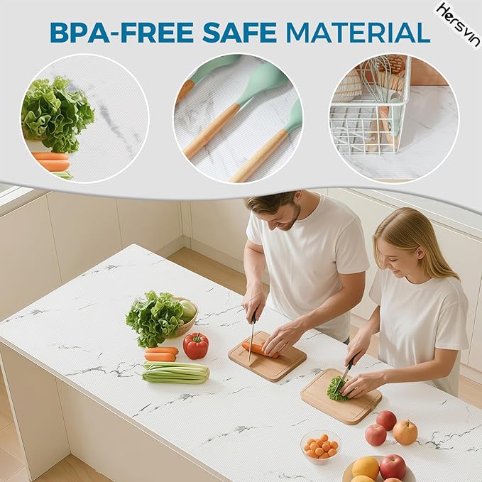 Hersvin Shelf Liners 10 in x 20 ft EVA Drawer Mats, Non-Adhesive Cupboard Protector, Kitchen Cabinet Lining Fridge Liner (White Marble Stripe, 25.4x610cm)