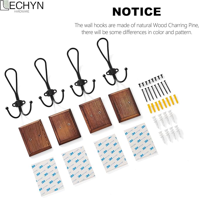 4 Pack Farmhouse Towel Hooks for Bathrooms, Heavy Duty Adhesive Mounted & Wall Mount Rustic Farmhouse Decorative Wood Wall Hooks for Hanging Towel Robe Coat (Brown)