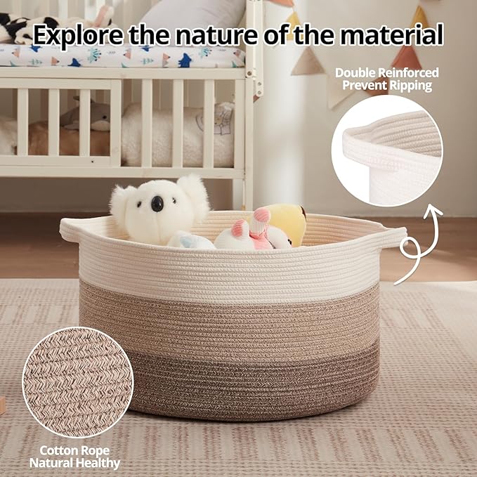 OIAHOMY 90L Blanket Basket for Living Room, Large Basket 23" x 23" x 13" with Handle, Laundry Hamper for Blankets, Pillows, Toy Storage for Kids, Dogs - Gradient Brown