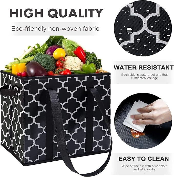 WISELIFE Reusable Grocery Bags 2-Pack Foldable Washable Large Storage Bins Basket Water Resistant Shopping Tote Bag Black