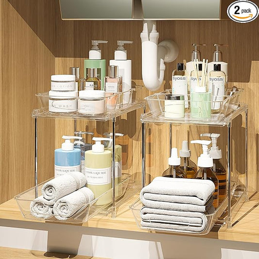 2 Pack Bathroom Cabinet Organizer, 2 Tier Clear Under Sink Organizers and Storage Medicine Cabinet Organizer with Dividers, Pull Out Kitchen Pantry Shelf Cupboard Closet Vanity Organization Bins