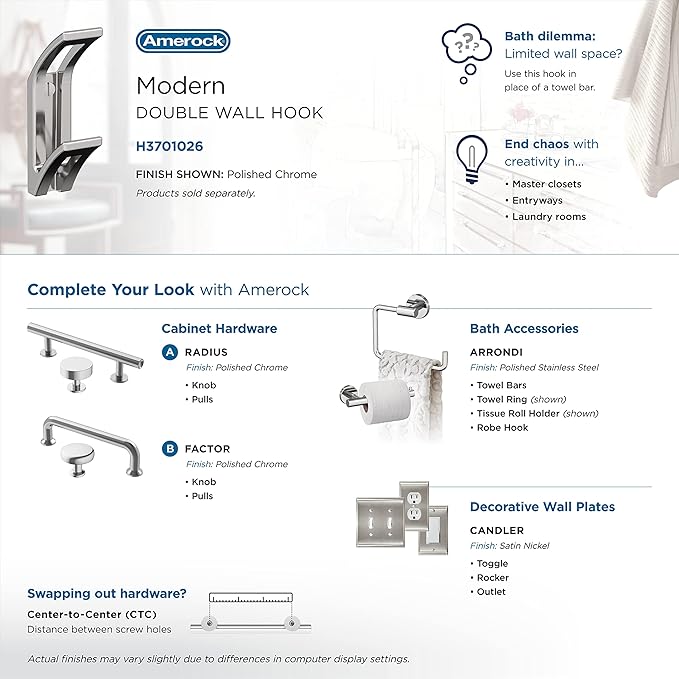 Amerock H3701026 | Avid Double Prong Decorative Wall Hook | Polished Chrome Hook for Coats, Hats, Backpacks, Bags | Hooks for Bathroom, Bedroom, Closet, Entryway, Laundry Room, Office