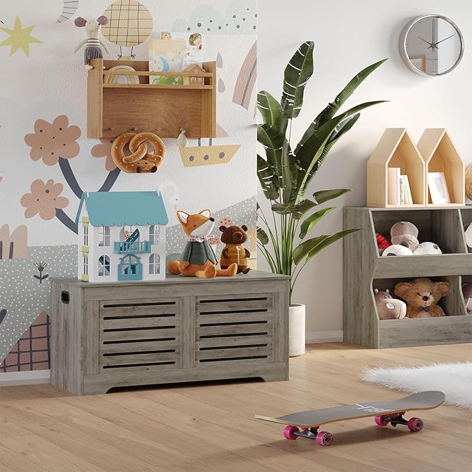 DINZI LVJ Storage Chest, 43.3â Wooden Toy Box with 2 Safety Hinges, Retro Entryway Shoe Storage Bench with Flip-Top, Sturdy Large Storage Trunk for Living Room, Bedroom, Easy Assembly, Gray Wash