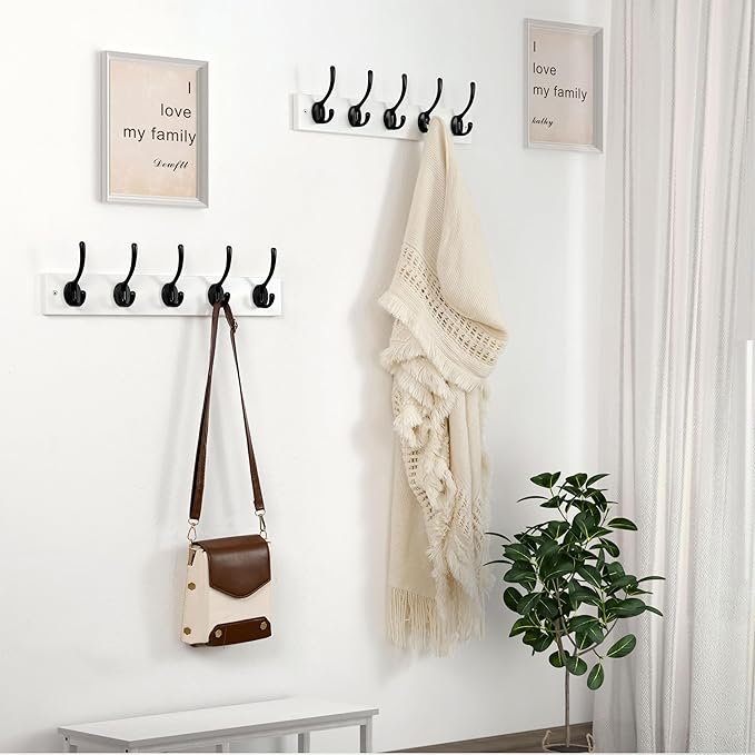 Dseap Wall Mounted Coat Rack: 16" Hole to Hole, Coat Hook Hanger with 5 Metal Hooks for Hanging Coats Towels Hats Clothes, White & Black, 2 Packs
