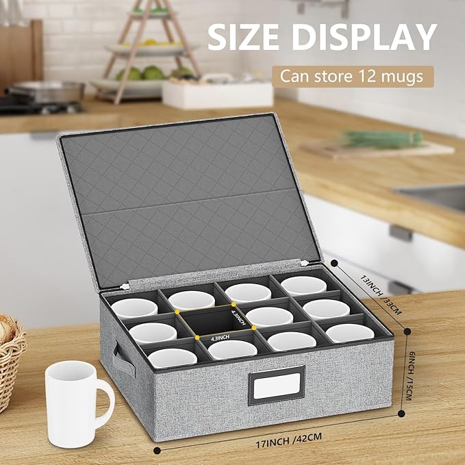homyfort Coffee Mug Storage Box Organizer with Dividers, China Tea Cup Storage Containers Hard Shell, Service for 24 Coffee Mugs or Tea Cups (Grey)