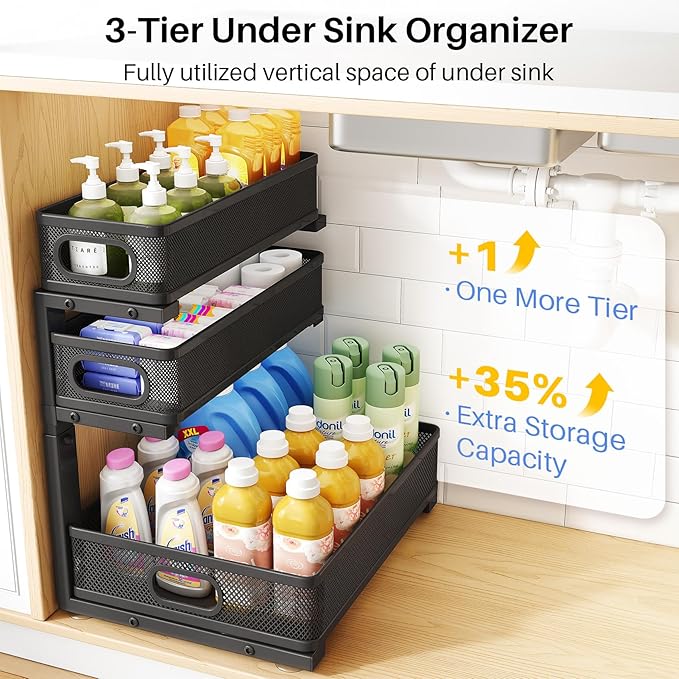 HERJOY Under Sink Organizer, 1-Pack 3-Tier Height Adjustable Thickened Metal Pull out Cabinet Organizer Shelf, Slide out Storage Drawer Rack for Bathroom Kitchen Pantry Home Laundry Organization