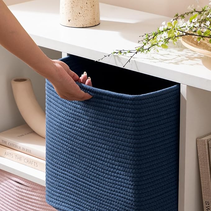 joybest 13x13x13 Inch Cube Storage Bins Set of 4, Cotton Rope Woven Organizer Basket for Shelves, Cube Bin Square Shelves Organizer Closet Storage, Nursery, Toy Organization, Navy Blue