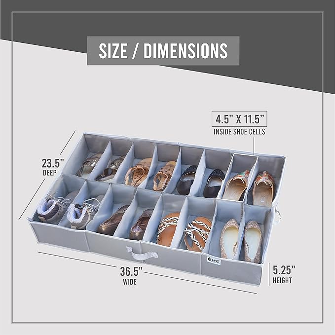 Under Bed Shoe Storage Organizer - TEAR-RESISTANT Heavy Duty 600D Material - Fits All Styles Men's and Women's Shoes, Up to 16 Pairs - Extra-Strong Zipper - Grey - Perfect for College Dorms