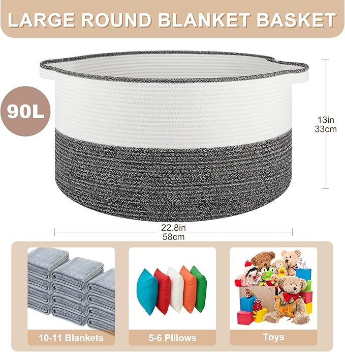 Large Blanket Basket with Handles, 22.8" x 22.8" x 13" Woven Storage Basket for Living Room, Cotton Rope Baby Toy Storage for Clothes, Pillows, Towels-Black & White