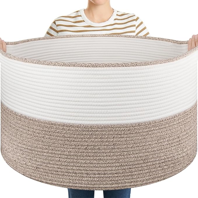 Large Blanket Basket with Handles, 22.8" x 22.8" x 13" Woven Storage Basket for Living Room, Cotton Rope Baby Toy Storage for Clothes, Pillows, Towels-Brown & White