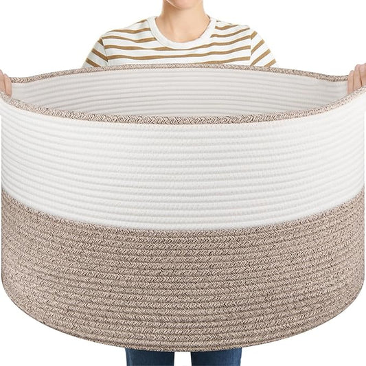 Large Blanket Basket with Handles, 22.8" x 22.8" x 13" Woven Storage Basket for Living Room, Cotton Rope Baby Toy Storage for Clothes, Pillows, Towels-Brown & White