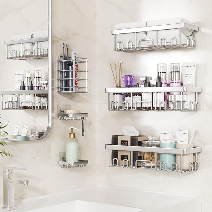 Veken Shower Caddy 6-Pack, Family Choice Award Winner, Large Wall Mounted Shower Rack, Bathroom Shelves Over Toilet, Organizer Storage Accessories with Soap Dish & Toothbrush Holder, Silver