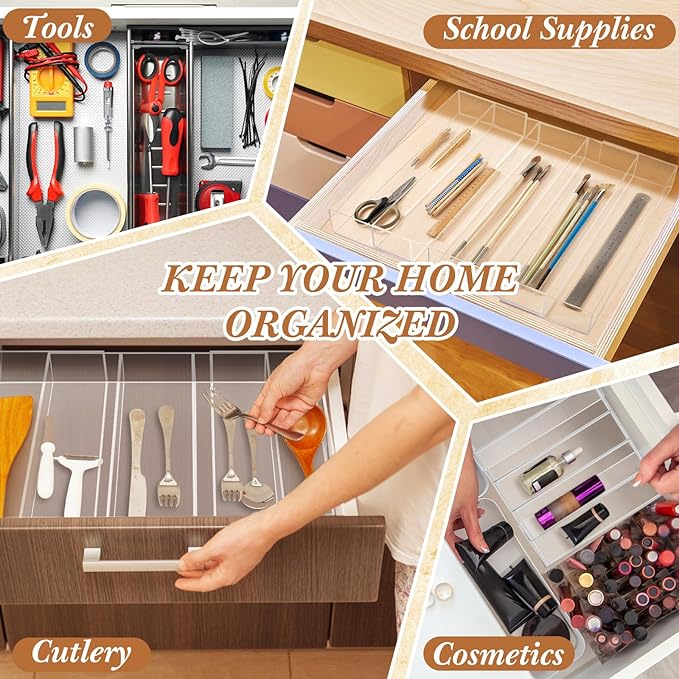 1 Pack Expandable Kitchen Drawer Organizer Clear Acrylic Utensil Organizer Adjustable Acrylic Silverware Storage for Drawers Silverware Flatware Knives (12 x 16 Inches,3-5 Compartments)