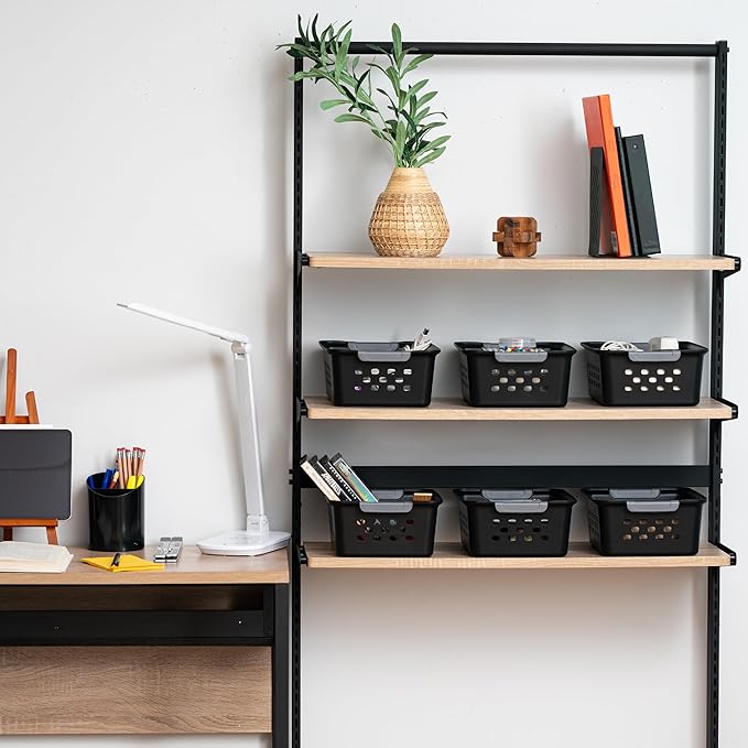 IRIS USA Plastic Storage Baskets, 6-Pack, Made in USA, Shelf Baskets Small Baskets Organizing Bins For Pantry Countertops Closet Shelves Laundry Room Office, Muti-Purpose, Nestable, Easy Carry, Black
