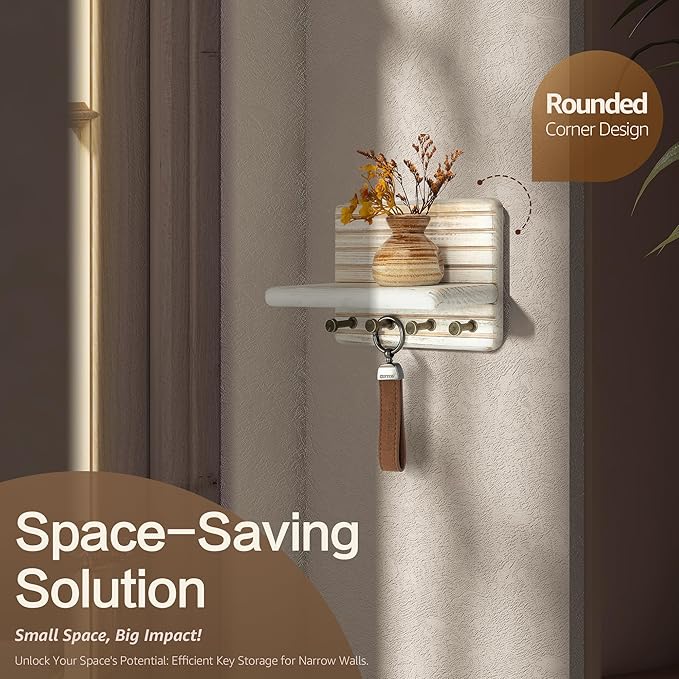 Rebee Vision Pine Wood Key Holder Wall Mount – Mini 7-inch Key Holder for Wall with Wooden Shelf – Perfect Home Decor for Entryway, Living Room & Bedroom (Distressed White)