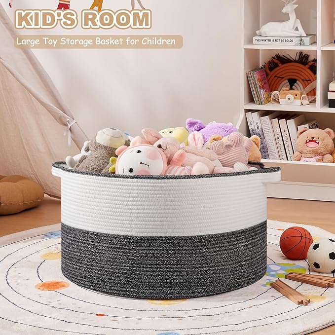 Large Blanket Basket with Handles, 22.8" x 22.8" x 13" Woven Storage Basket for Living Room, Cotton Rope Baby Toy Storage for Clothes, Pillows, Towels-Black & White