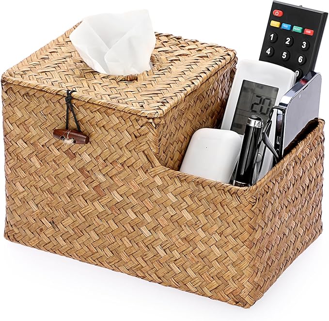 Sumnacon Square Woven Tissue Box Cover - Decorative Cube Tissue Box with Side Organizer, Rustic Seagrass Tissue Holder for Living Room Vanity Night Stand Table Countertop Office,Caramel