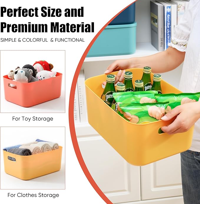 Plastic Storage Bins with Lid, Stackable Storage Containers for Organizing, Decorative Storage Baskets for Shelves Living Room Playroom Classroom Office (Medium 2PCS (Yellow+Orange))