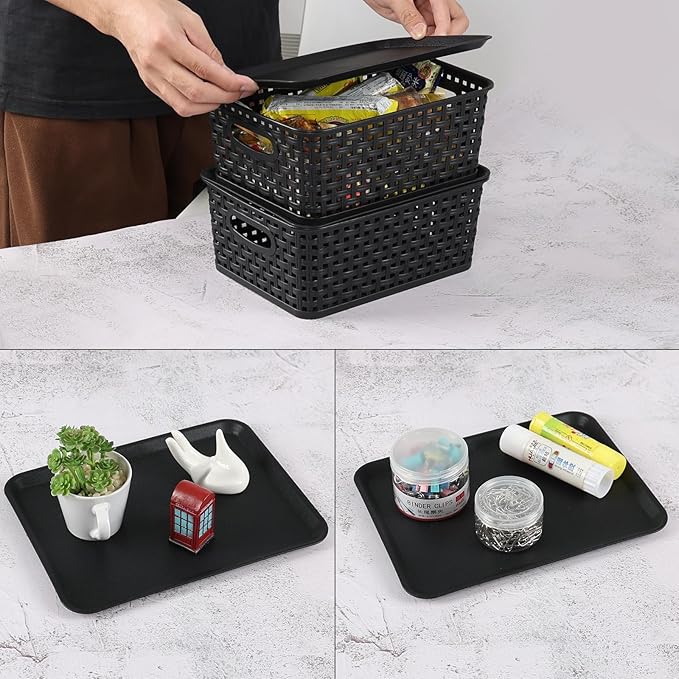 6 Pack Plastic Storage Baskets Bins with Lid, Stackable Lidded Storage Containers for Organizing, Black