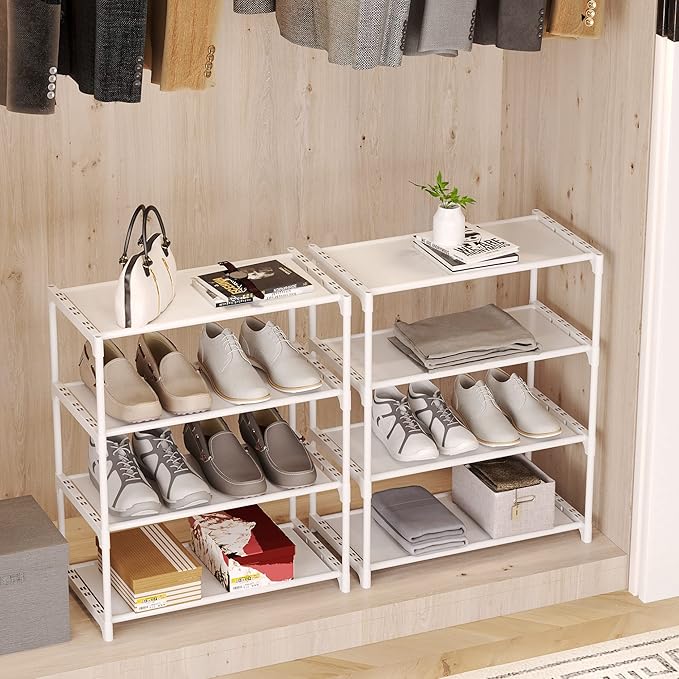4-Tier Small Shoe Rack .Stackable Shoe Shelf Storage Organizer for Entryway Hallway Closet Bathroom Living Room (1-White)