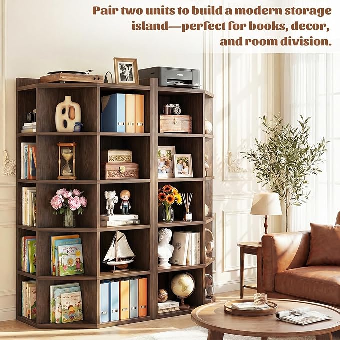 Aheaplus Corner Cabinet, 6-Tier Corner Bookshelf with Power Outlets, Corner Cube Storage Shelf with Top Table, Wooden L Shaped Cubby Toy Storage for Home Office, Bedroom, Living Room, Black Walnut