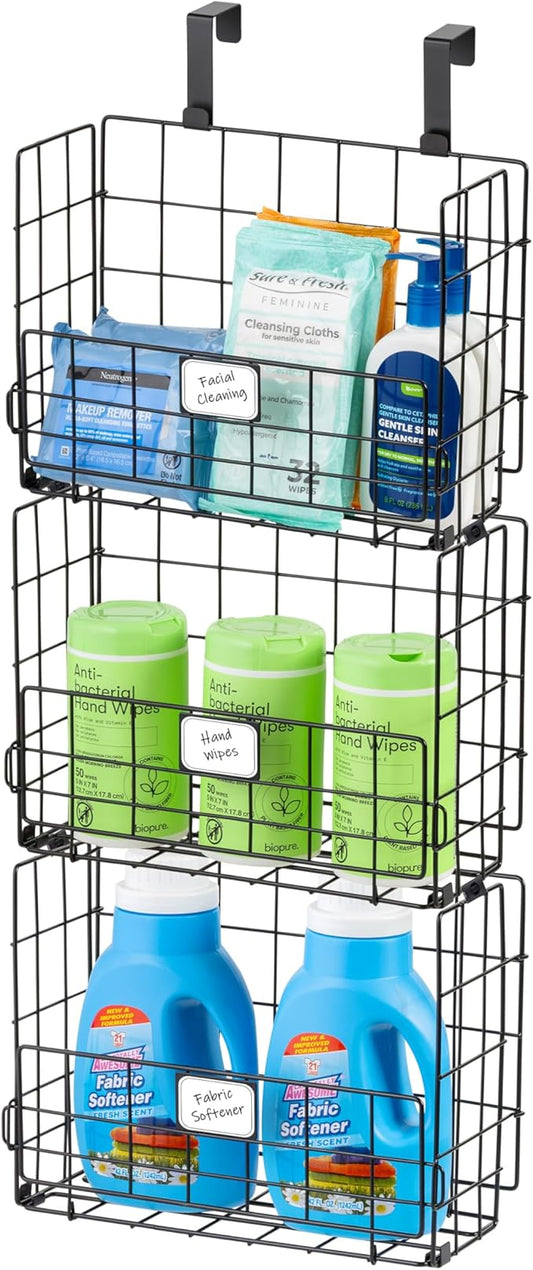 IRIS USA Over The Door Organizer, 3 Pack, Hanging or Wall Mounted Metal Wire Basket, Spice Rack Bathroom Cabinet Closet Laundry Pantry Door Organizer, Wall Baskets, Durable Easy Assembly, Black