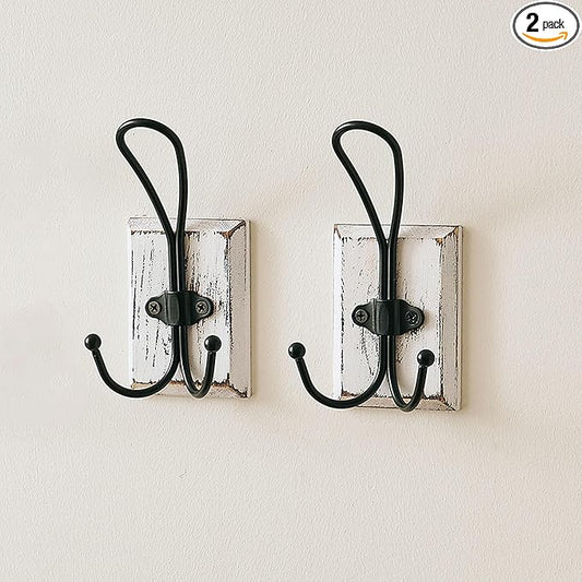 2 Pack Farmhouse Towel Hooks for Bathrooms, Heavy Duty Adhesive Mounted & Wall Mount Rustic Farmhouse Decorative Wood Wall Hooks for Hanging Towel Robe Coat (White)