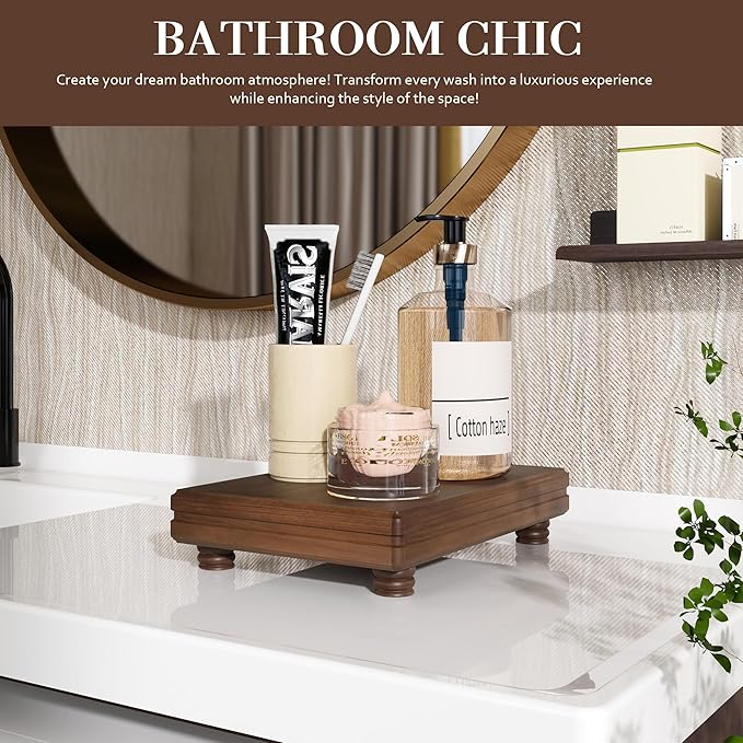 EOSAHR Decorative Tray Pedestal Stand for Home and Kitchen â Farmhouse Bathroom Counter Organizer & Soap Holder for Bathroom Decor - Wooden Tray to Elevate Home Decor (Brown)