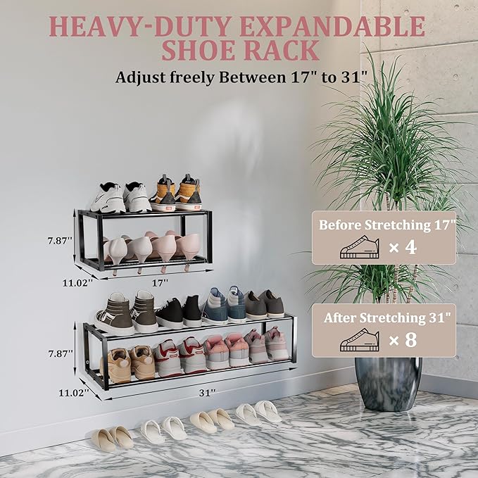 4 Pack Expandable Wall Mounted Shoe Rack, 17"-31" Adjustable Hanging Shoe Rack Holds 32 Pairs, Heavy Duty Metal Shoe Holder with 8 Storage Hooks, Space Saving for Entryway Closet Doorway（Black