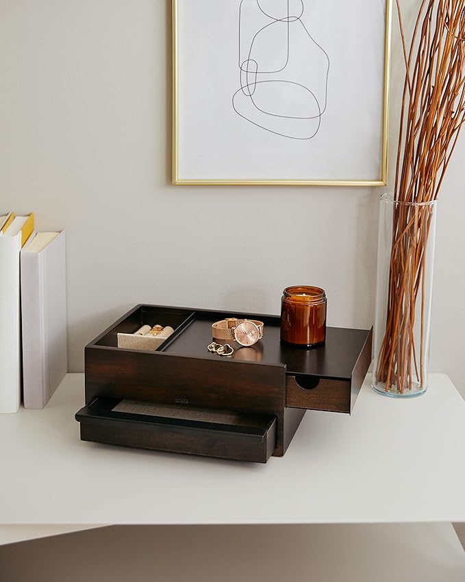 Umbra Stowit Jewelry Box - Modern Keepsake Storage Organizer with Hidden Compartment Drawers for Ring, Bracelet, Watch, Necklace, Earrings, and Accessories, Black/Walnut