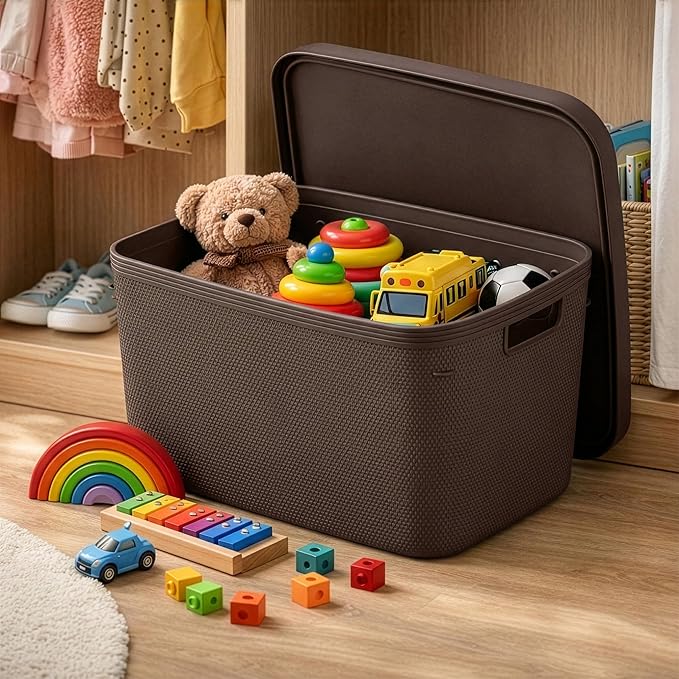 BINO | Plastic Storage Bins with Lids, 20 Liter - 3 Pack, Dark Brown | THE TWILL COLLECTION | Plastic Bins for Organization | Woven Storage Baskets for Organizing | Pantry Shelf Organizer Basket Bin