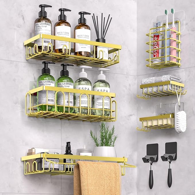 Shower Caddy 9 Pack,Adhesive Organizer for Bathroom Decor Accessories & Kitchen Storage,No Drilling,Large Capacity,Rustproof Stainless Steel Organizer,Home Decor Shelves (Yellow 9 Pack)