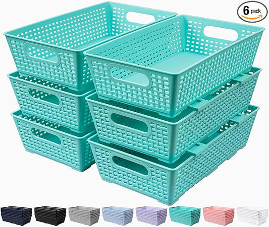 Tiawudi Stackable Woven Plastic Basket, Storage Bins for Cabinet, Closet, Shelf, Under Sink and Countertop, Pantry Organizer Bins, 6 Pack