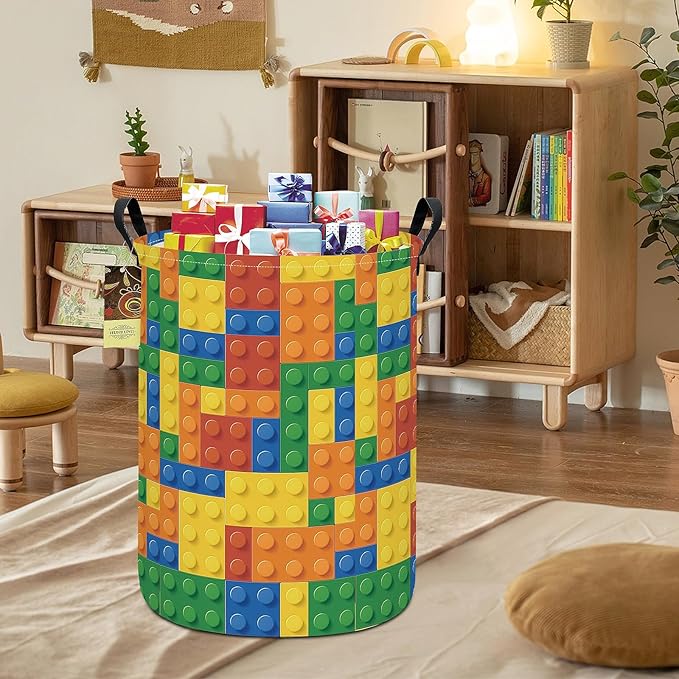HUNRUNG Laundry Hamper,Large Canvas Fabric Lightweight Storage Basket Toy Organizer Dirty Clothes Collapsible Waterproof for College Dormsï¼Round-Colorful Blocksï¼