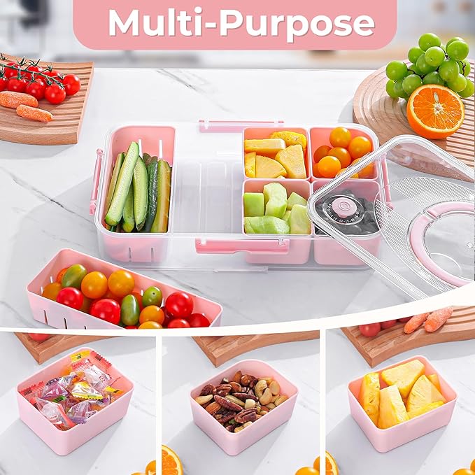 LUXEAR 2Pack 8-Compartment Divided Serving Tray with Lid and Handle - Airtight Leakproof Snackle Box Charcuterie Container for Fridge, Picnic, Party, Travel - BPA-Free Dishwasher Safe(Pink)