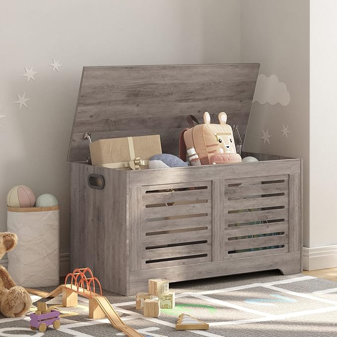 DINZI LVJ Storage Chest, 39.4âWooden Toy Box with 2 Safety Hinges, Retro Entryway Shoe Storage Bench with Flip-Top, Sturdy Large Storage Trunk for Living Room, Bedroom, Easy Assembly, Greige