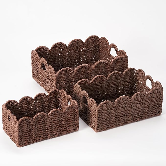 Scalloped Wicker Baskets, Set of 3 Hand-Woven Storage Baskets with Handles - Paper Rope Shelf Organizers & Decorative Baskets for Shelves, Closet, Bathroom (Brownï¼