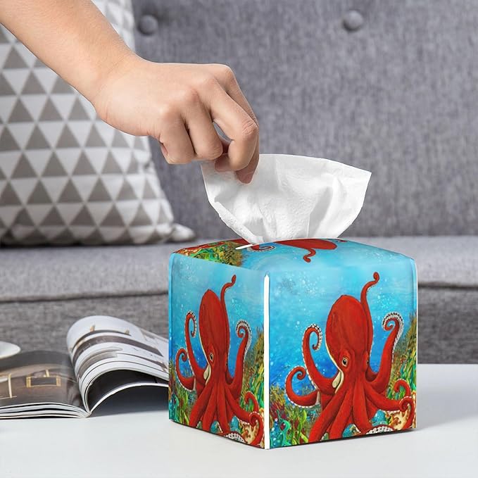Tissue Box Holder Cartoon Octopus Tissue Box Cover Square Leather Tissue Holder Organizer Portable Decorative Facial Paper Case for Home Office Bathroom Vanity Countertop