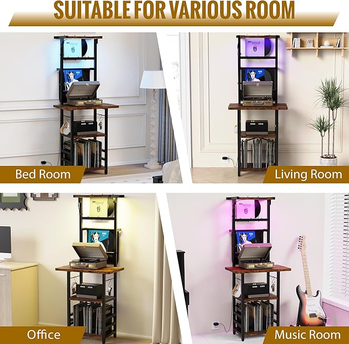 Record Player Stand with Led Light,Record Player Table with Vinyl Storage,Turntable Stand with Record Holder Vinyls Display Shelf for Music Room Studio,Brown