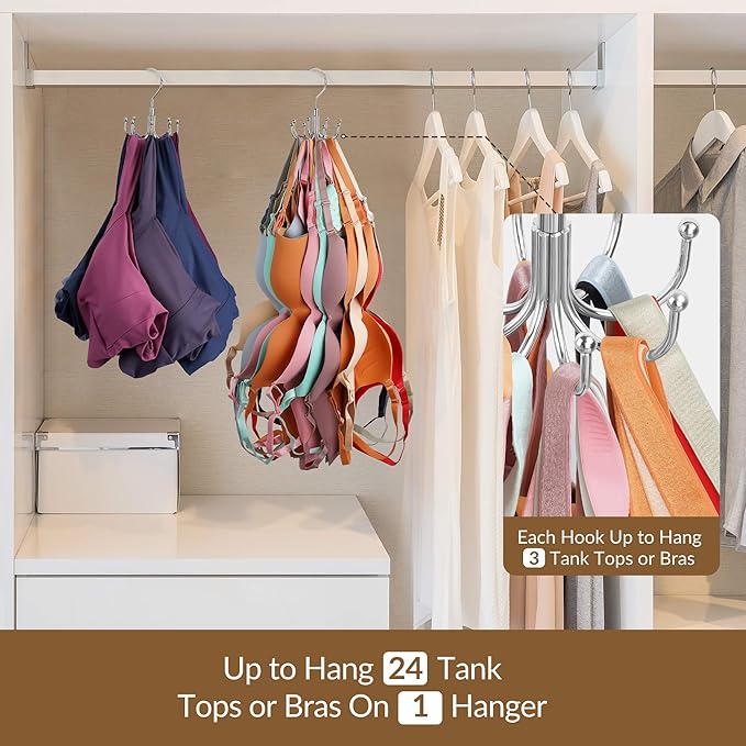 ZEDODIER Tank Top Hanger, 2 Pack Rotatable Bra Organzier for Closet, Max 48 Storage Capacity Sport Bras Holder, Metal Space Saving Closet Organizers and Storage, Silver