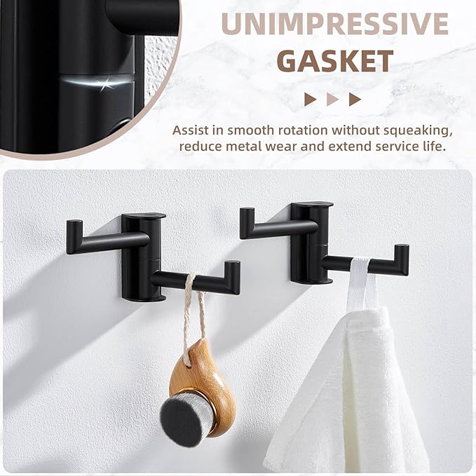 Suyar Double Towel Hook Matte Black, SUS 304 Stainless Steel Heavy Duty Wall Hook for Bathroom, Swivel Coat Holder, Towel Hanger with 2 Foldable Arms, 2 Pack