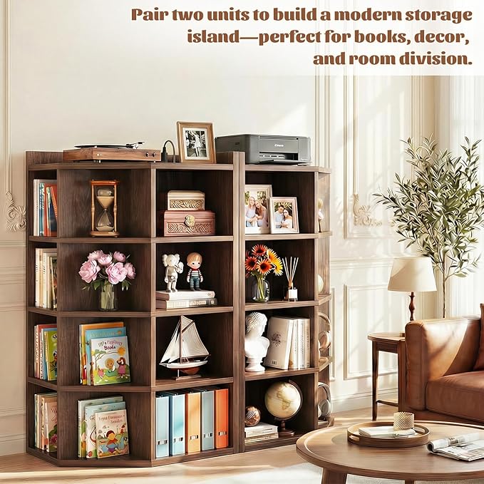 Aheaplus Corner Cabinet, 5-Tier Corner Bookshelf with Power Outlets, Corner Cube Storage Shelf with Top Table, Wooden L Shaped Cubby Toy Storage for Home Office, Bedroom, Living Room, Black Walnut