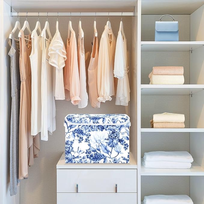 Collapsible Storage Bins with Lids Decorative Fabric Storage Cubes Closet Organizer and Storage Basket Boxes Containers for Clothes Box Chest Folding Rectangle China Blue