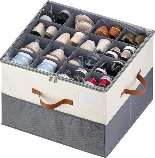 Shoe Organizer for Closet, 1 Pack Shoe Storage Container with Adjustable Dividers, Space Saving Shoe Box Storage Organizer Bin with Clear Lid and 4 Handles, Fits 8-16 Pairs, Beige & Grey