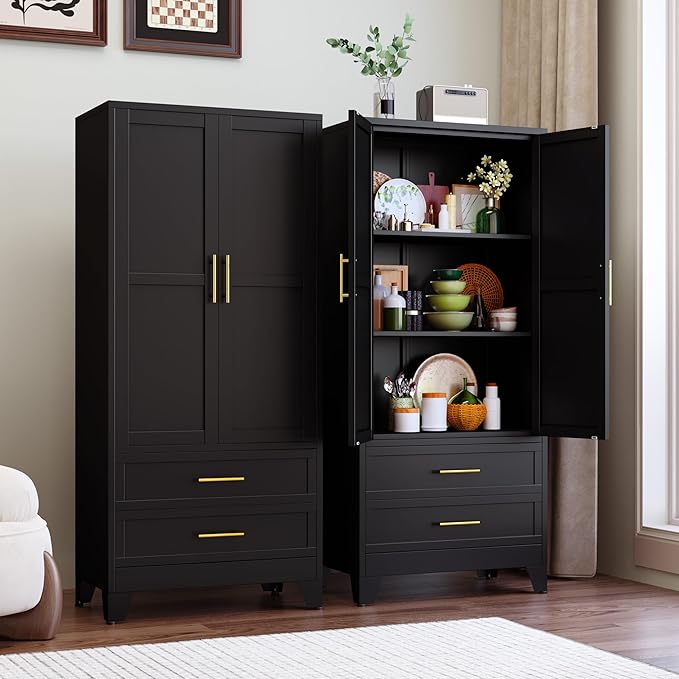 71" Tall Metal Pantry Storage Cabinet, Steel Storage Cabinets with 2 Doors, 2 Adjustable Shelf and 2 Drawers, Used as Kitchen Cabinet, Freestanding Cupboard for Kitchen, Office, Home (Black)