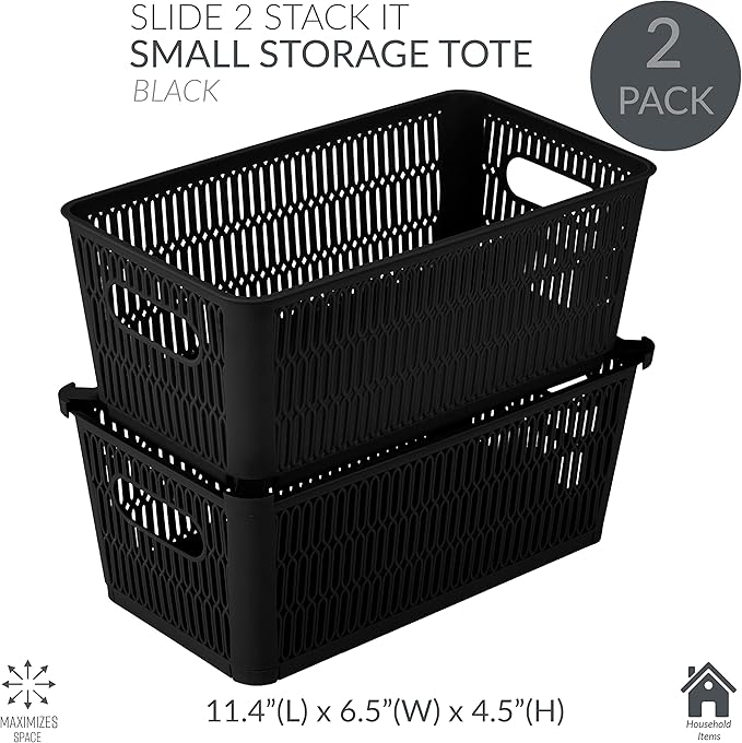Simplify 4Pk Small Slide 2 Stack It Tote Basket | Storage & Organization | Open Bins with Stackable Capability | Bathroom | Crafts | Pantry | Playroom | Office | Black (KIT-25934-BLACK-4PK)