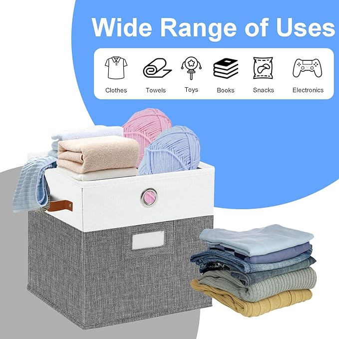 11x11 Cube Storage Organizer Bins Set of 4,foldable Storage Bins with Label,Cubby Storage Organizer with Metal pull ring and Leather Handles(Grey/White)