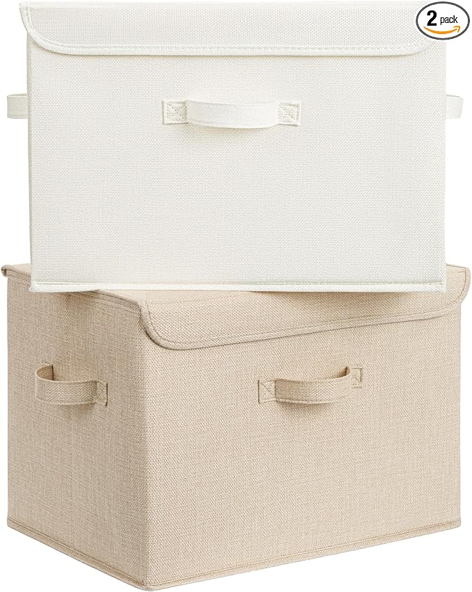 GRANNY SAYS Closet Storage Bins, Decorative Storage Boxes with Lids, Clothes Organizing Bins, Lidded Baskets for Toys, Clothing, Extra Large, Ivory White&Khaki, 2-Pack