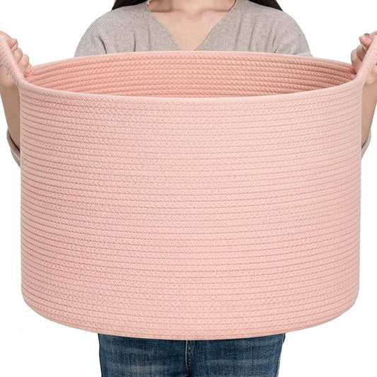 CLHMILY&Z Round Cotton Rope Storage Basket in Living Room, Bedroom, Laundry Room for Toy, Clothes, Blanket, Pillow (Pink, XLarge(14.2"x22"))